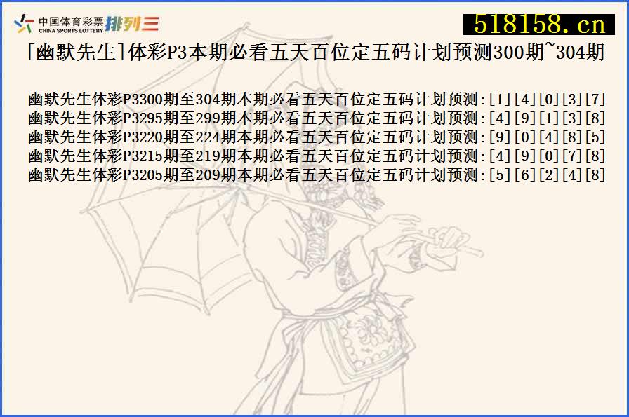 [幽默先生]体彩P3本期必看五天百位定五码计划预测300期~304期