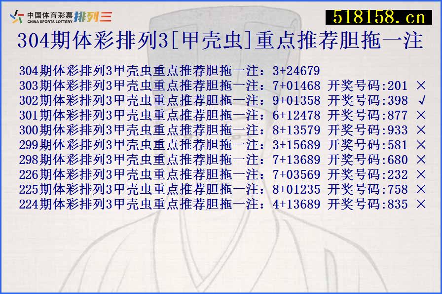 304期体彩排列3[甲壳虫]重点推荐胆拖一注