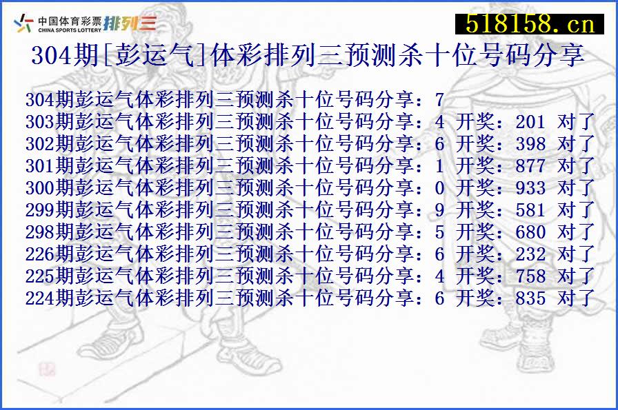 304期[彭运气]体彩排列三预测杀十位号码分享