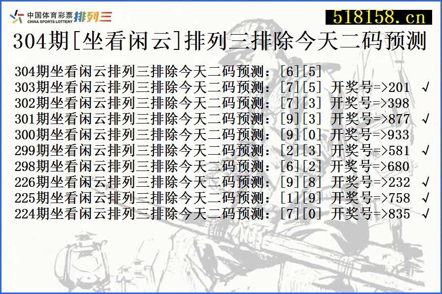 304期[坐看闲云]排列三排除今天二码预测