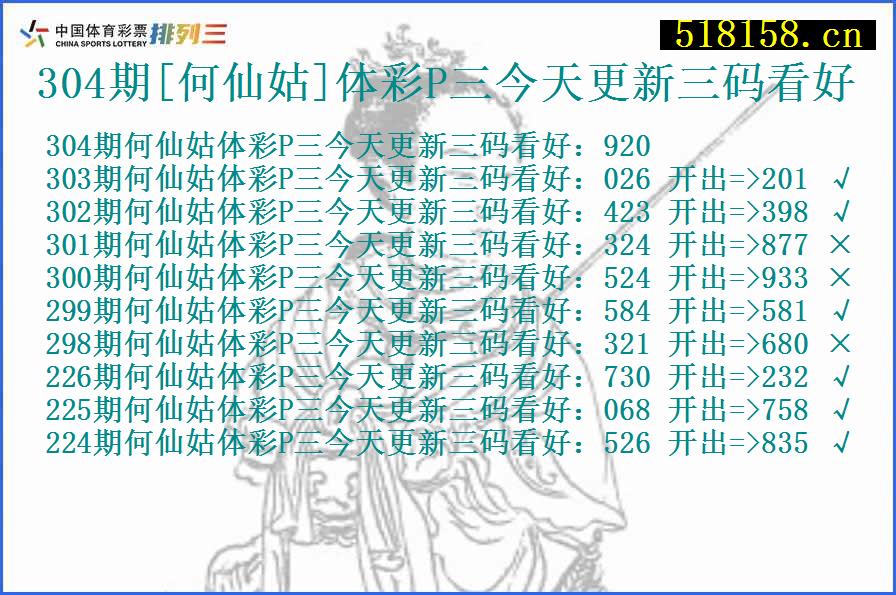 304期[何仙姑]体彩P三今天更新三码看好