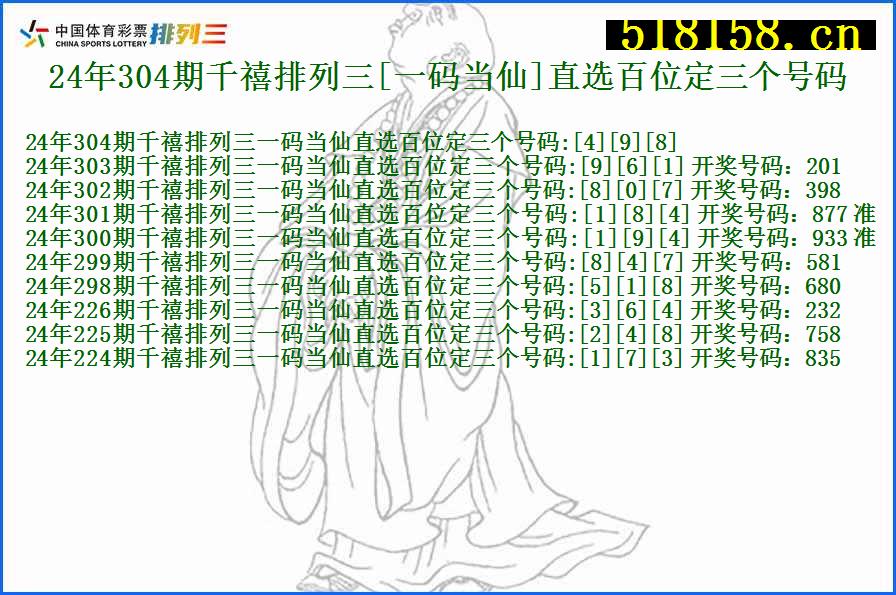 24年304期千禧排列三[一码当仙]直选百位定三个号码