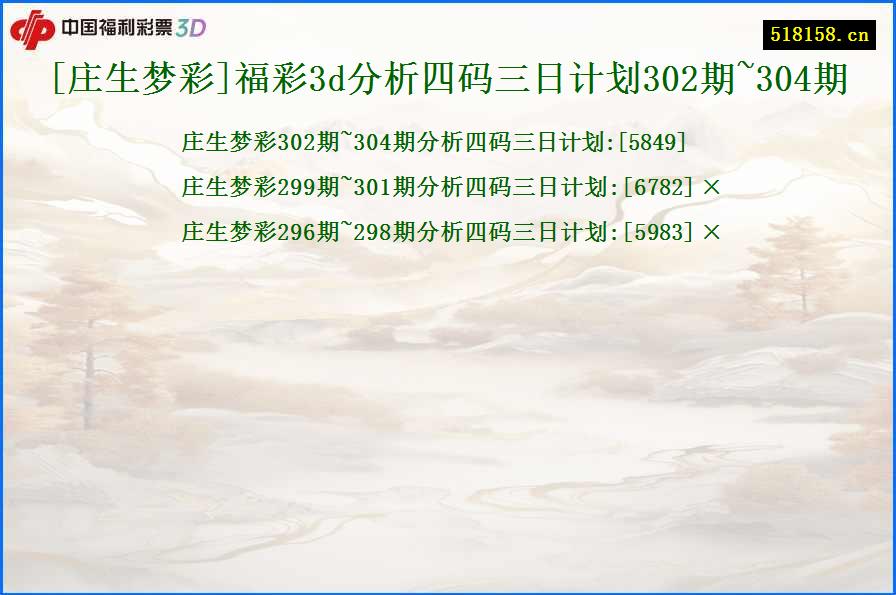 [庄生梦彩]福彩3d分析四码三日计划302期~304期