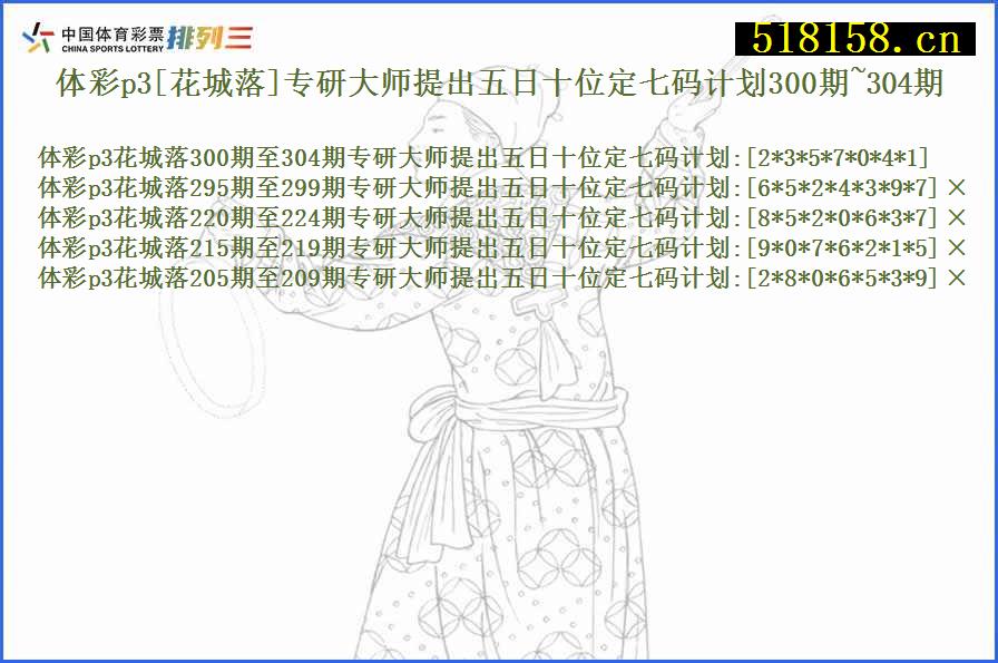 体彩p3[花城落]专研大师提出五日十位定七码计划300期~304期