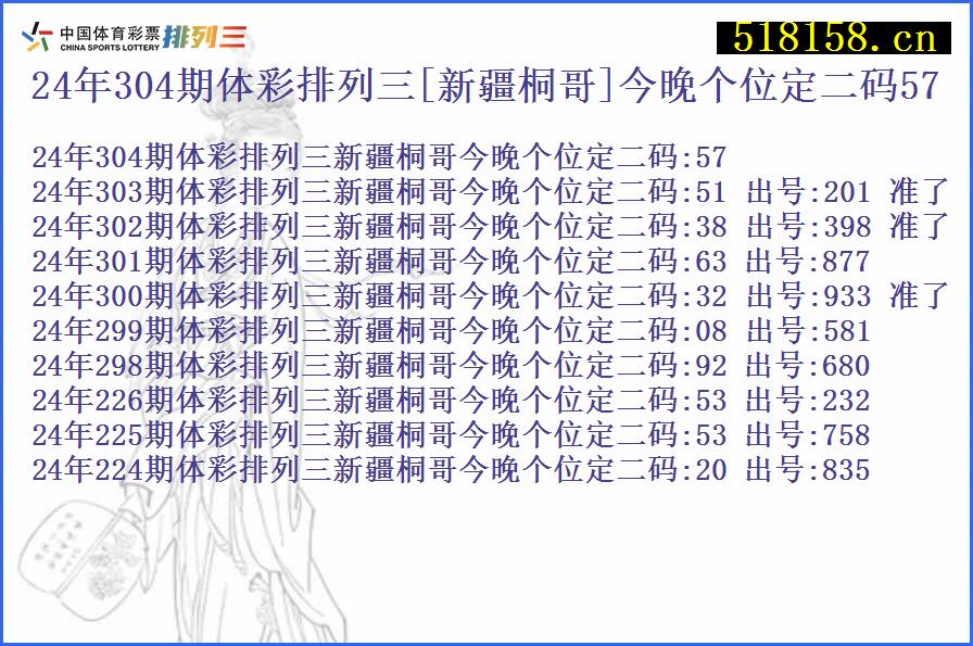 24年304期体彩排列三[新疆桐哥]今晚个位定二码57