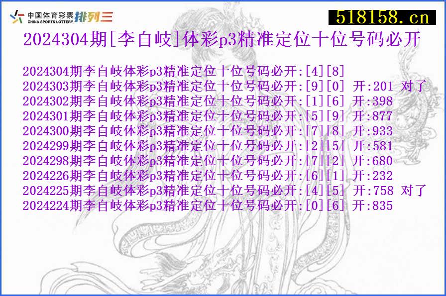 2024304期[李自岐]体彩p3精准定位十位号码必开