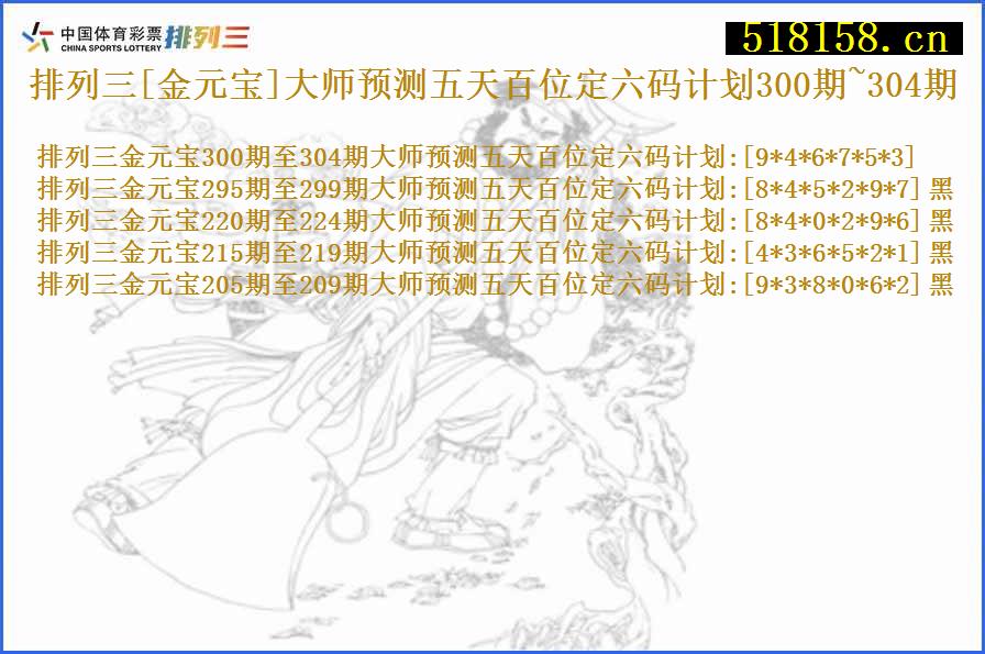 排列三[金元宝]大师预测五天百位定六码计划300期~304期