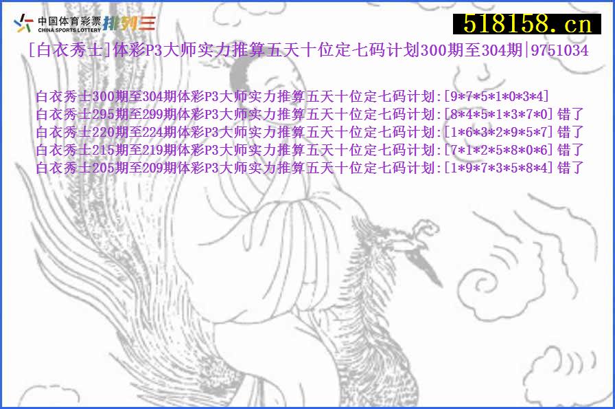 [白衣秀士]体彩P3大师实力推算五天十位定七码计划300期至304期|9751034