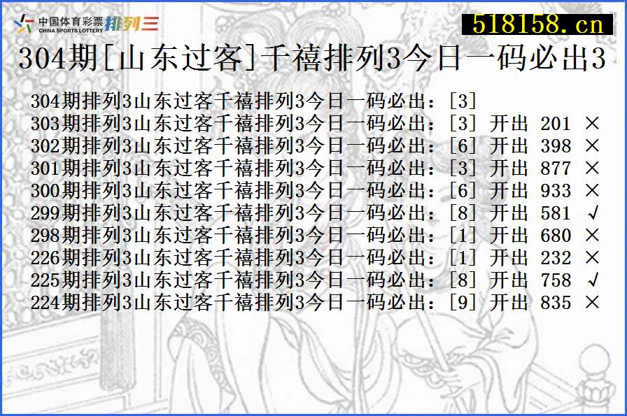 304期[山东过客]千禧排列3今日一码必出3