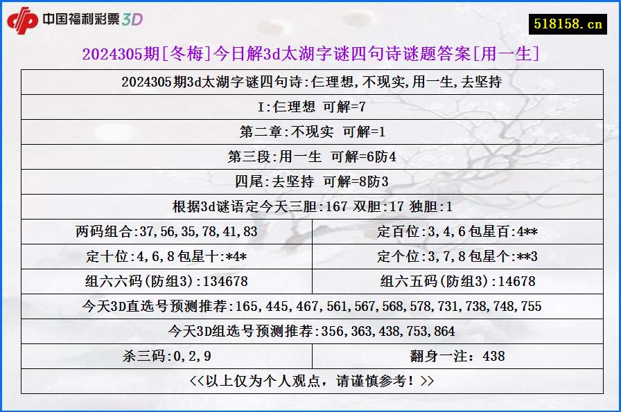 2024305期[冬梅]今日解3d太湖字谜四句诗谜题答案[用一生]