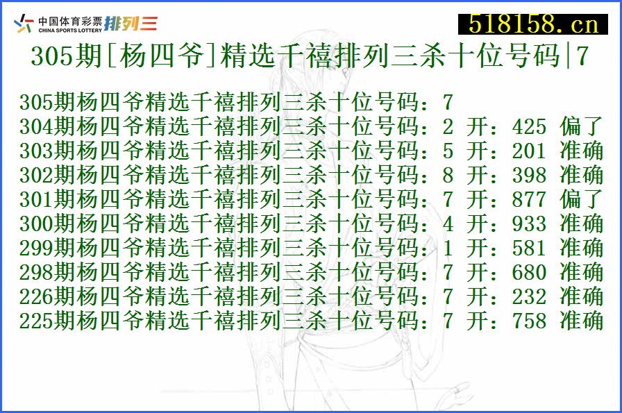 305期[杨四爷]精选千禧排列三杀十位号码|7