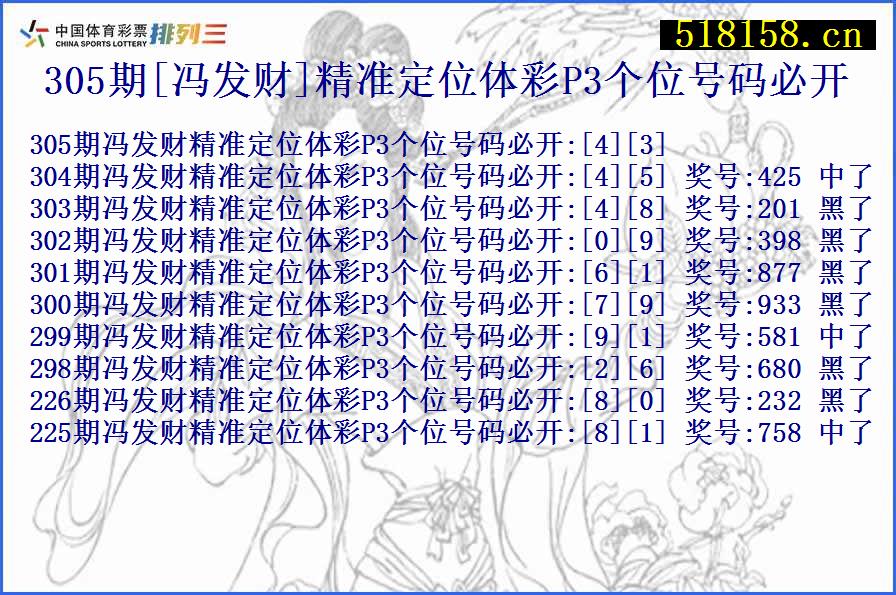 305期[冯发财]精准定位体彩P3个位号码必开