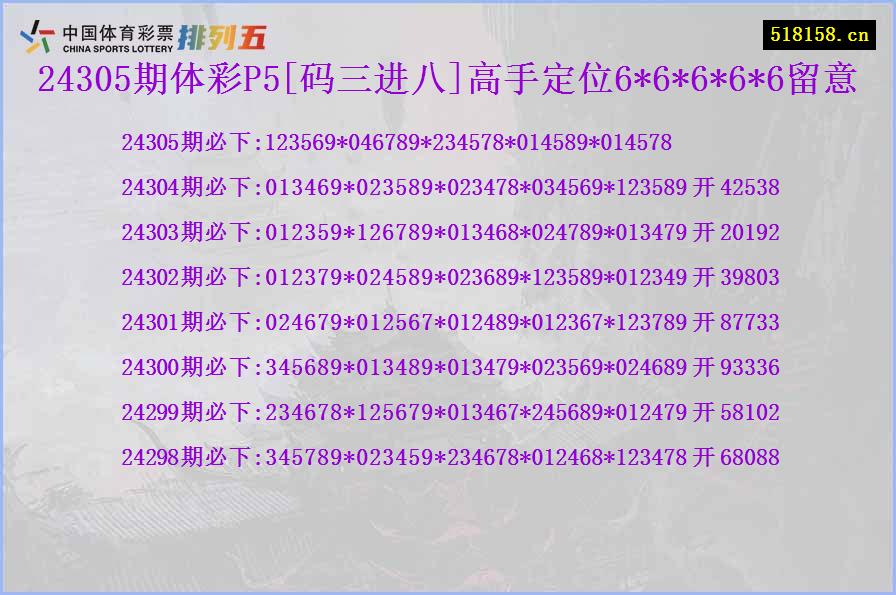 24305期体彩P5[码三进八]高手定位6*6*6*6*6留意