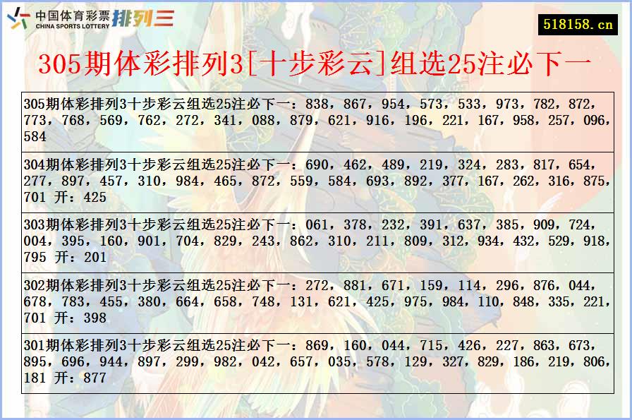 305期体彩排列3[十步彩云]组选25注必下一