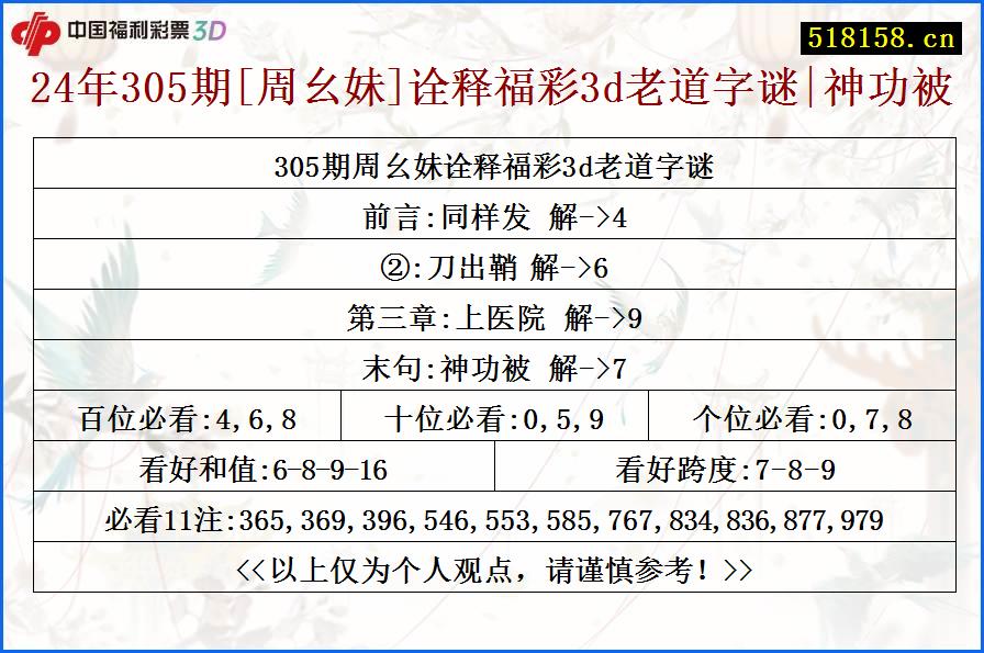 24年305期[周幺妹]诠释福彩3d老道字谜|神功被