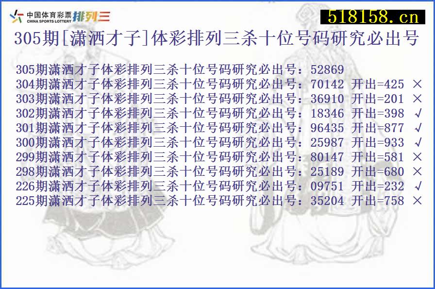 305期[潇洒才子]体彩排列三杀十位号码研究必出号