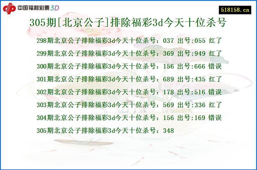 305期[北京公子]排除福彩3d今天十位杀号