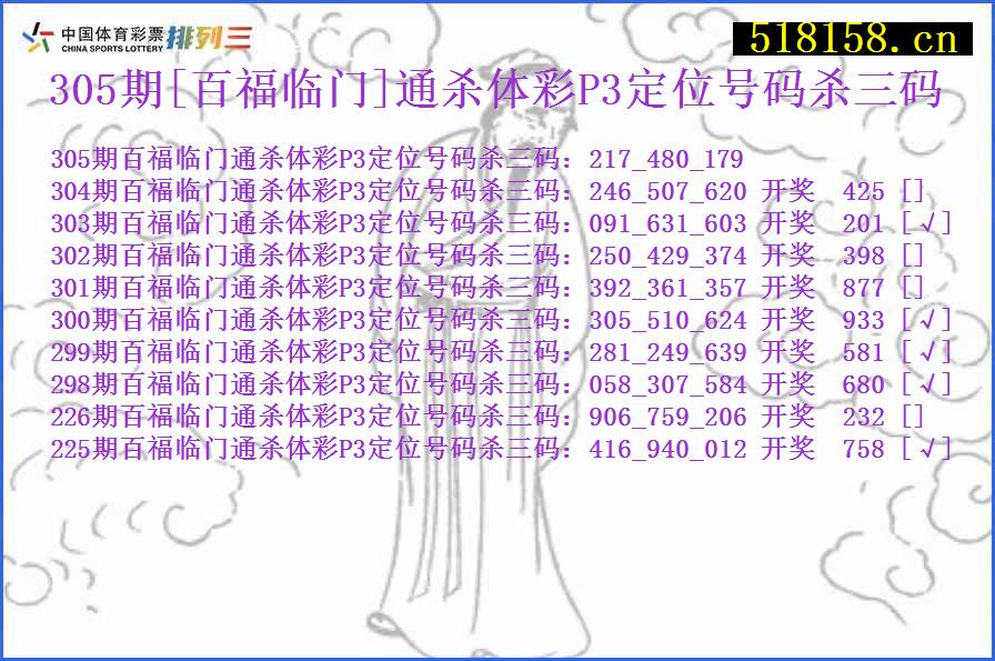 305期[百福临门]通杀体彩P3定位号码杀三码