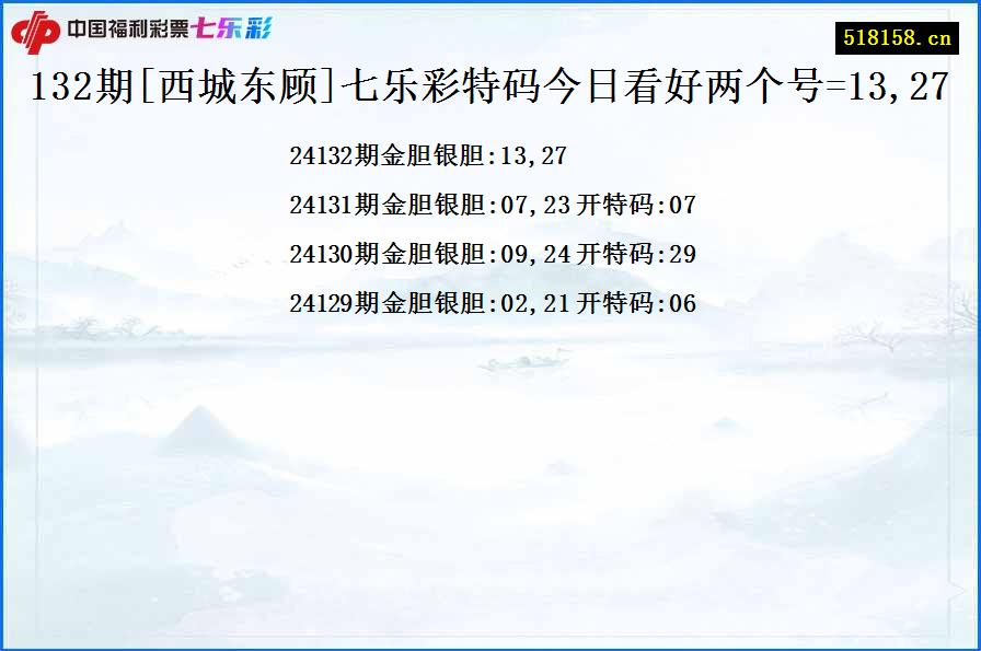 132期[西城东顾]七乐彩特码今日看好两个号=13,27