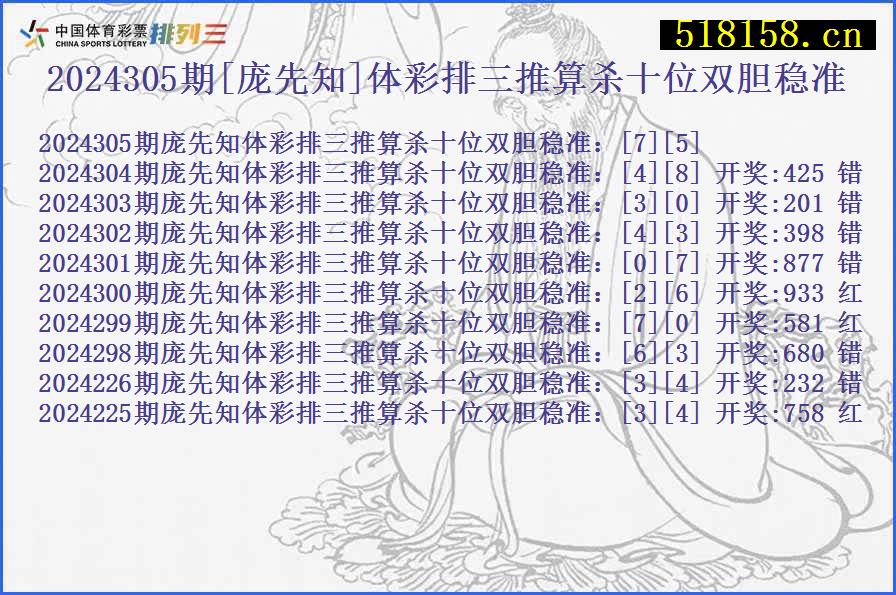 2024305期[庞先知]体彩排三推算杀十位双胆稳准