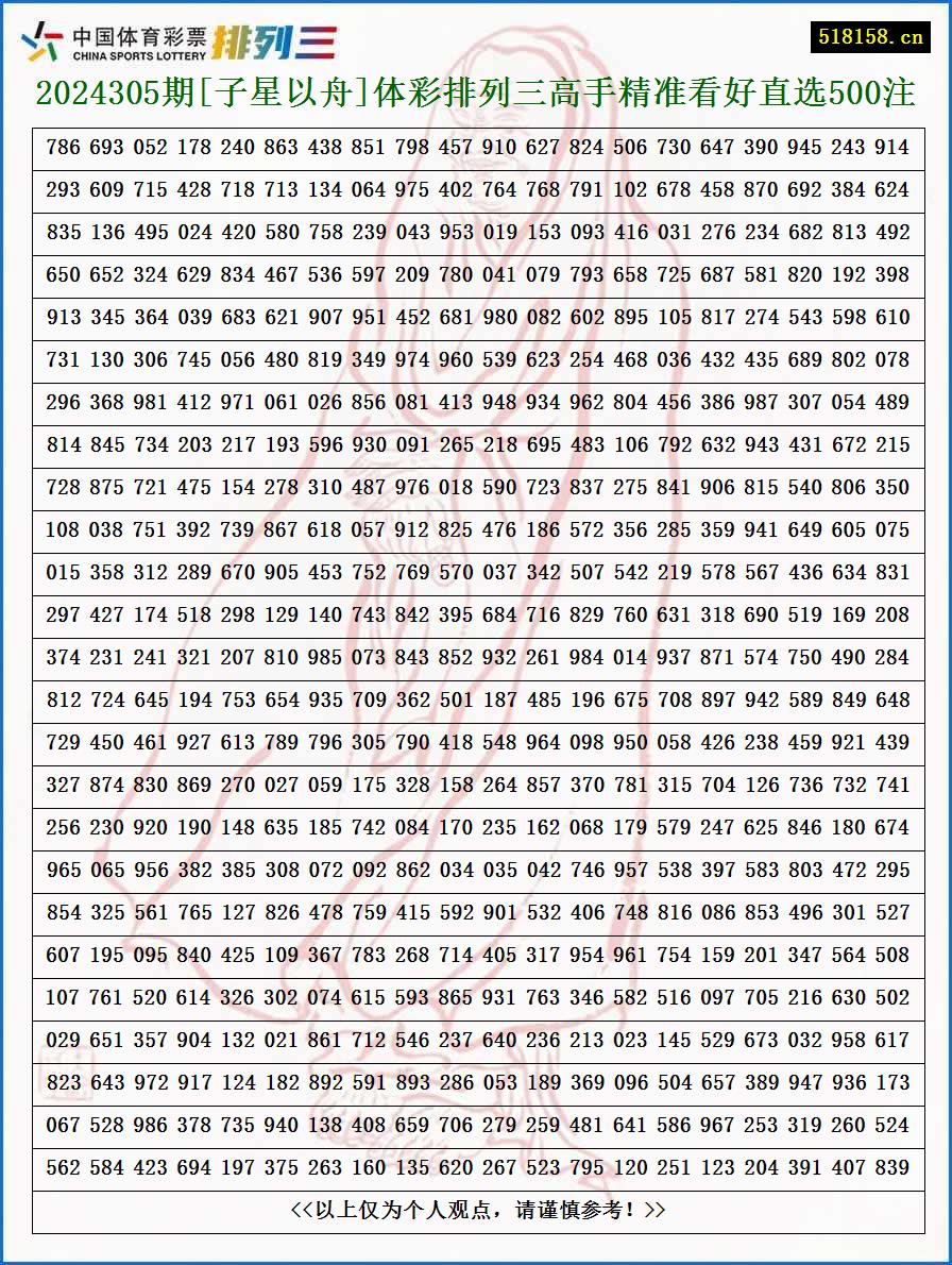 2024305期[子星以舟]体彩排列三高手精准看好直选500注