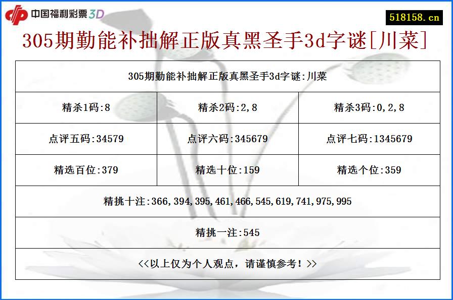 305期勤能补拙解正版真黑圣手3d字谜[川菜]