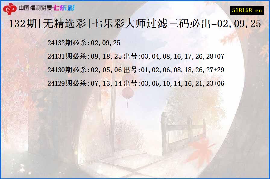 132期[无精选彩]七乐彩大师过滤三码必出=02,09,25