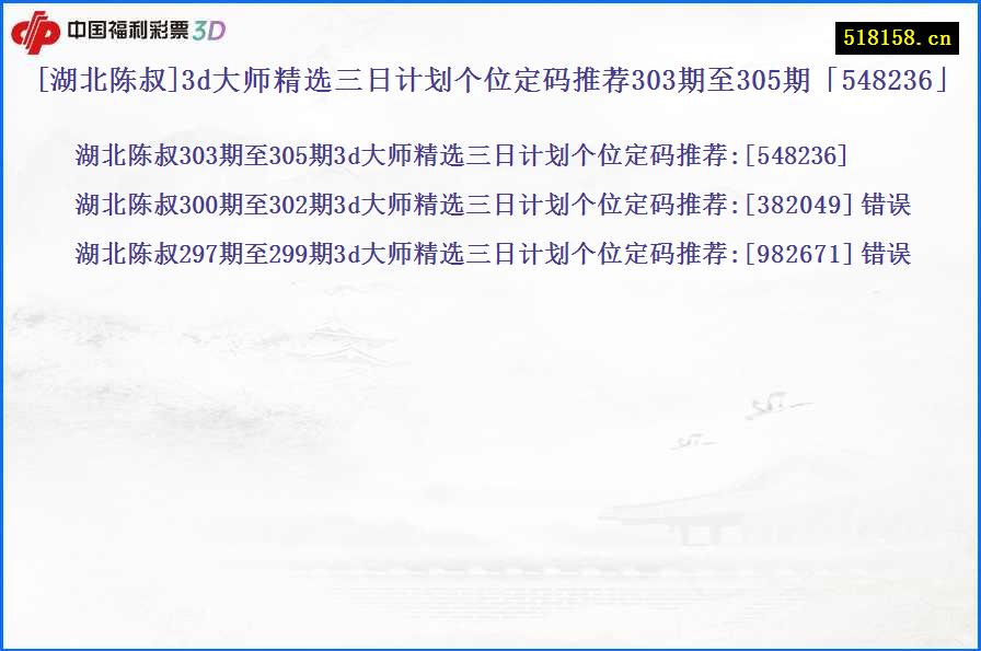 [湖北陈叔]3d大师精选三日计划个位定码推荐303期至305期「548236」