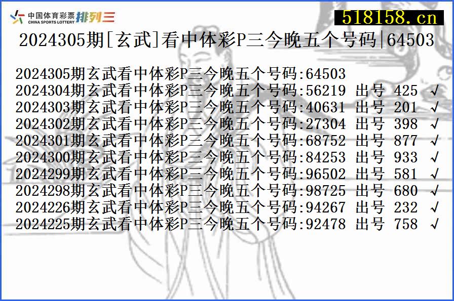 2024305期[玄武]看中体彩P三今晚五个号码|64503