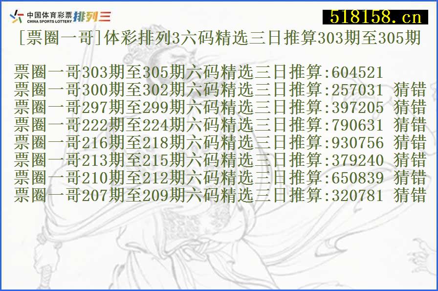 [票圈一哥]体彩排列3六码精选三日推算303期至305期