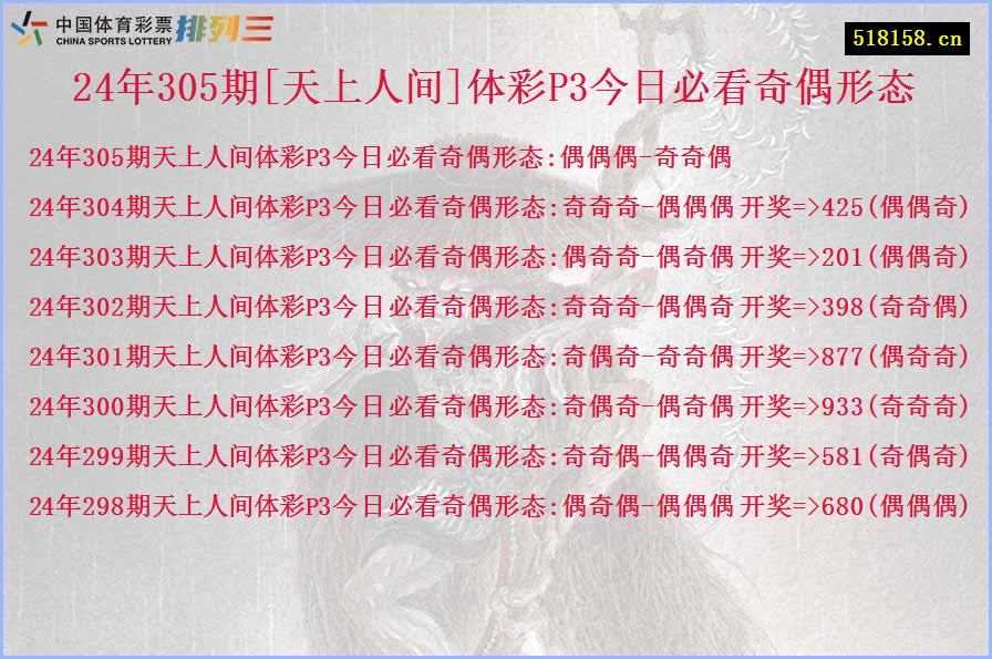 24年305期[天上人间]体彩P3今日必看奇偶形态