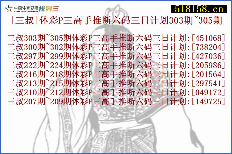 [三叔]体彩P三高手推断六码三日计划303期~305期