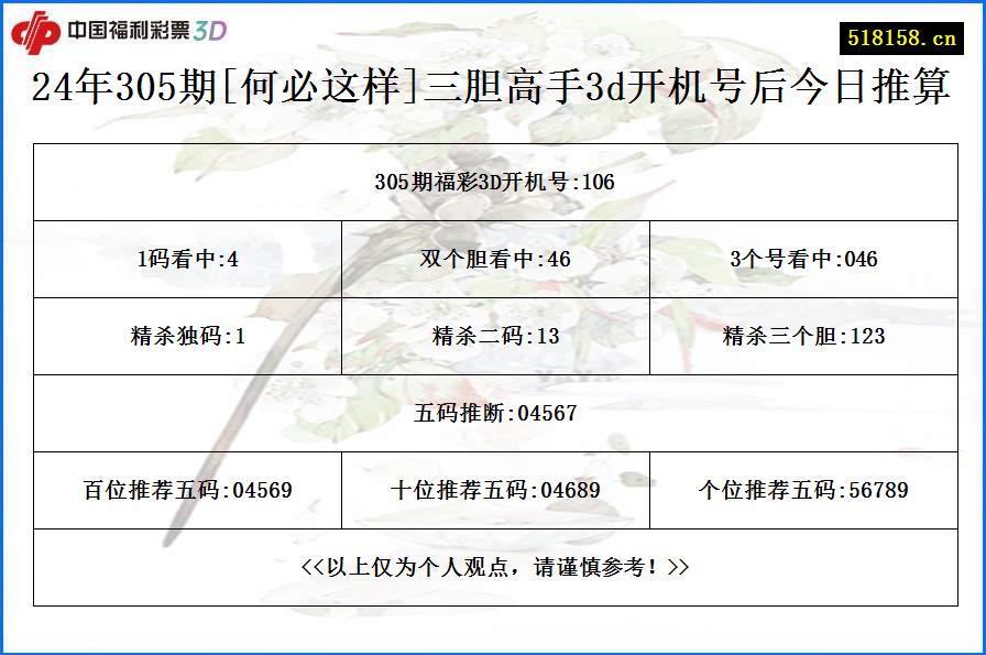 24年305期[何必这样]三胆高手3d开机号后今日推算