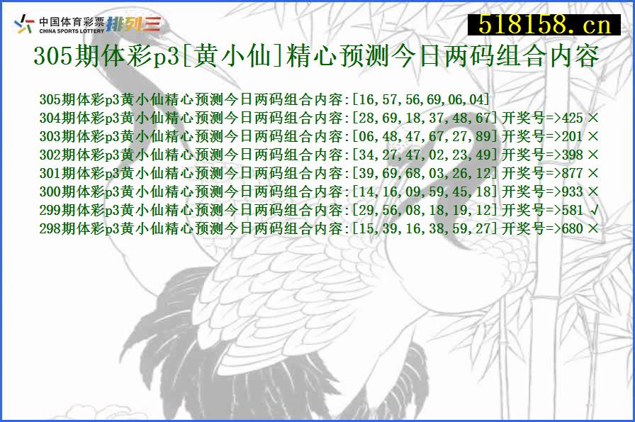 305期体彩p3[黄小仙]精心预测今日两码组合内容