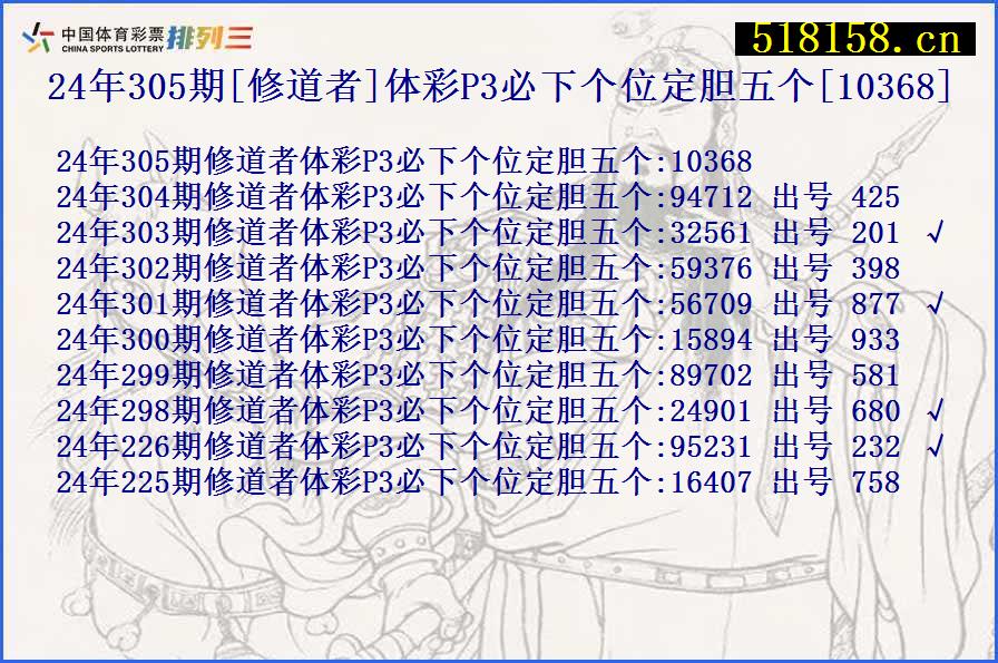 24年305期[修道者]体彩P3必下个位定胆五个[10368]