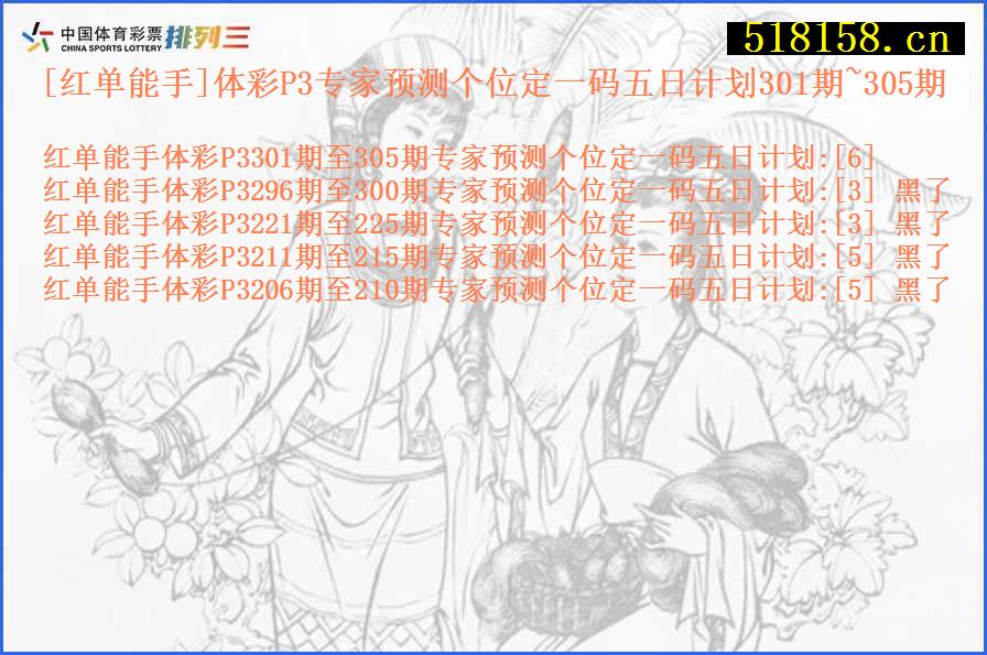 [红单能手]体彩P3专家预测个位定一码五日计划301期~305期