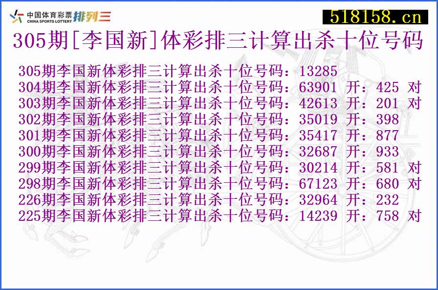 305期[李国新]体彩排三计算出杀十位号码