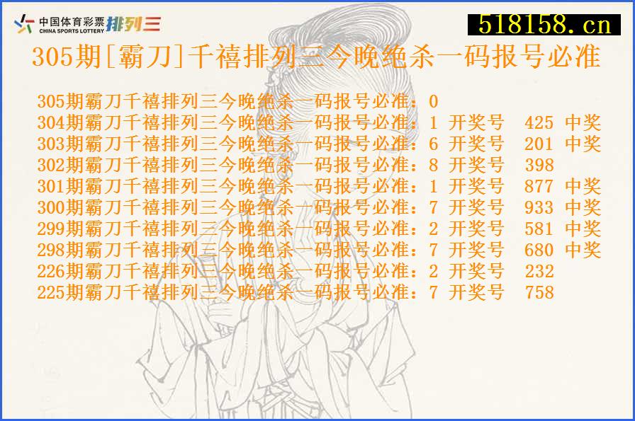 305期[霸刀]千禧排列三今晚绝杀一码报号必准