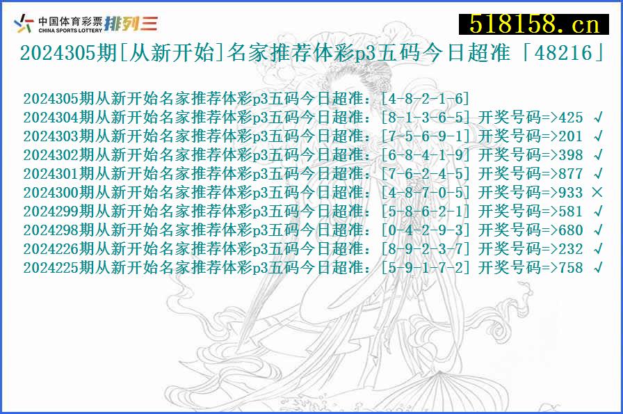 2024305期[从新开始]名家推荐体彩p3五码今日超准「48216」