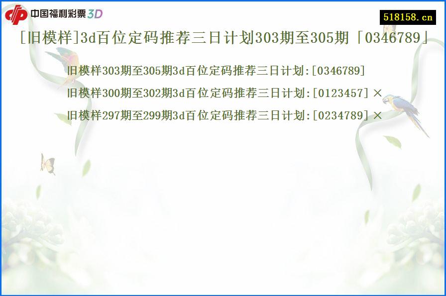 [旧模样]3d百位定码推荐三日计划303期至305期「0346789」