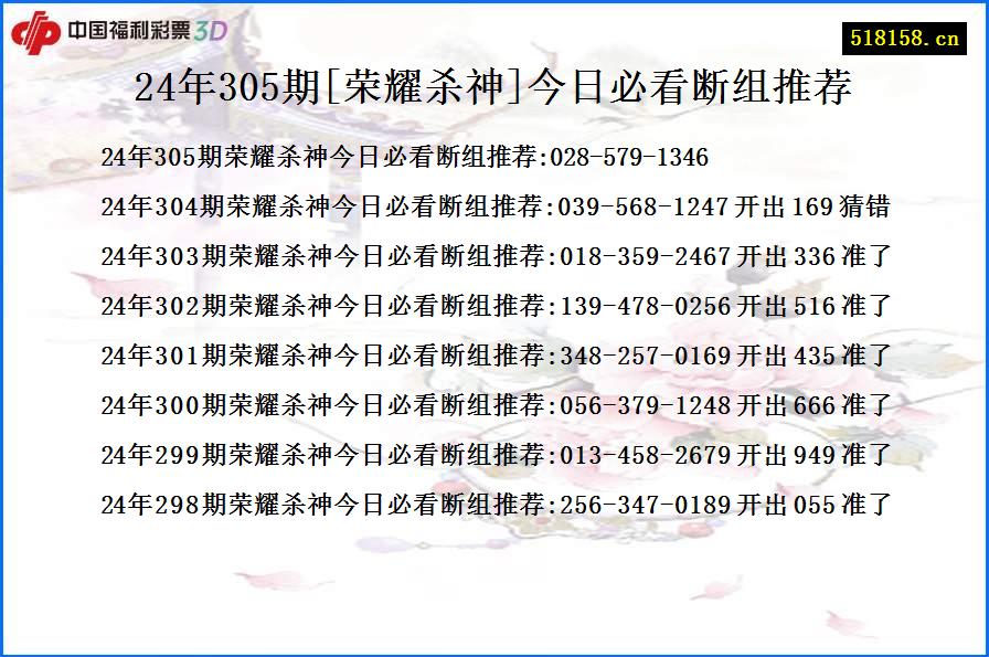 24年305期[荣耀杀神]今日必看断组推荐