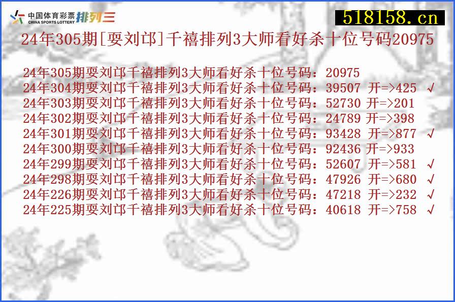 24年305期[耍刘邙]千禧排列3大师看好杀十位号码20975