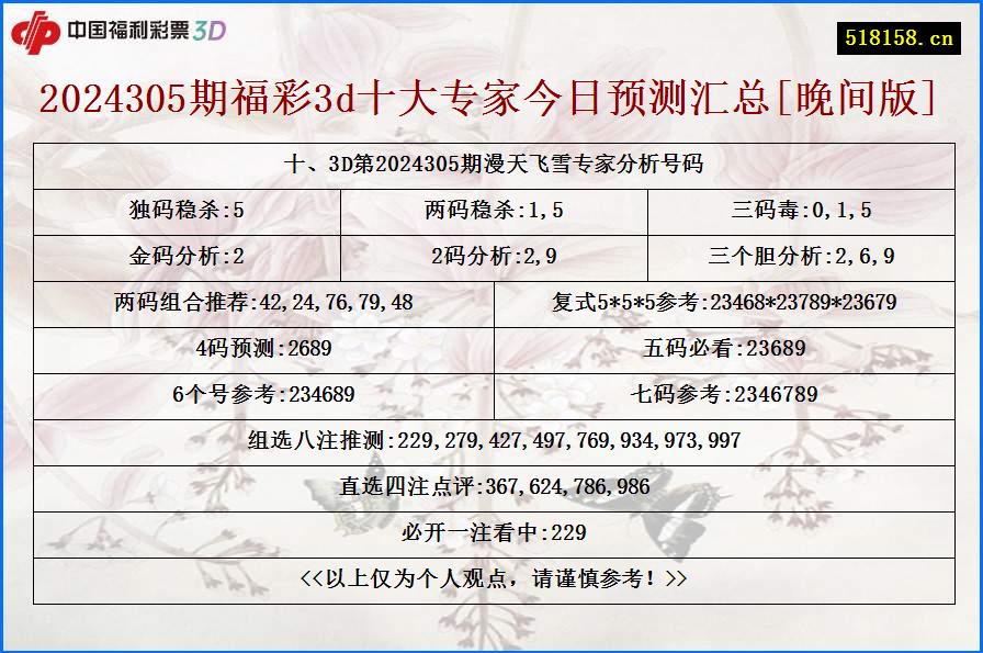 十、3D第2024305期漫天飞雪专家分析号码