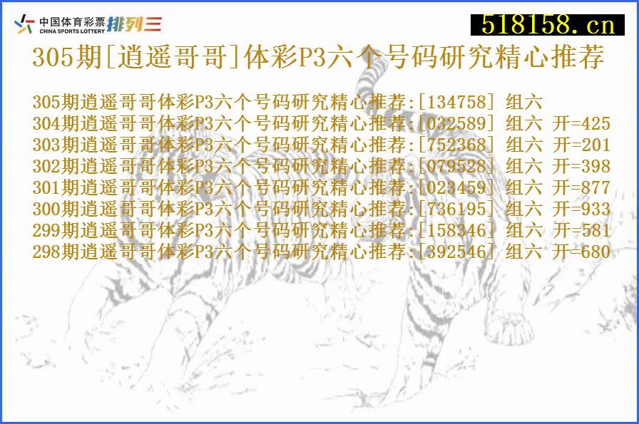 305期[逍遥哥哥]体彩P3六个号码研究精心推荐