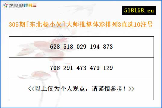 305期[东北杨小欠]大师推算体彩排列3直选10注号