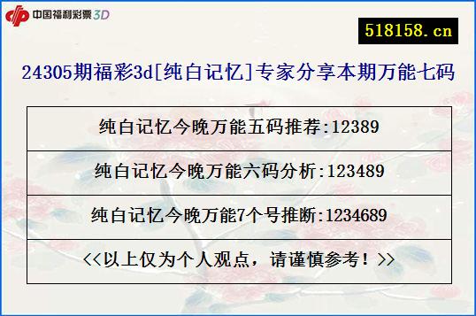 24305期福彩3d[纯白记忆]专家分享本期万能七码