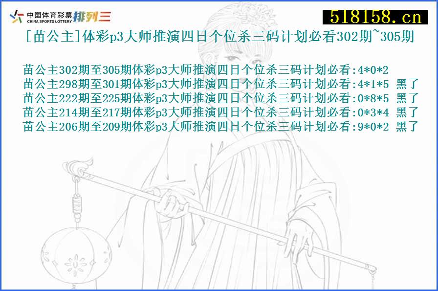 [苗公主]体彩p3大师推演四日个位杀三码计划必看302期~305期