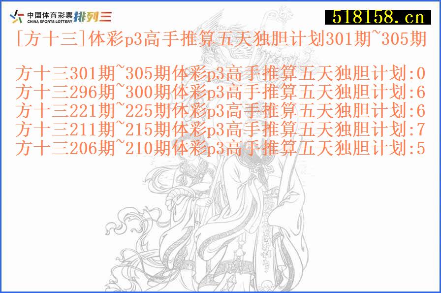 [方十三]体彩p3高手推算五天独胆计划301期~305期