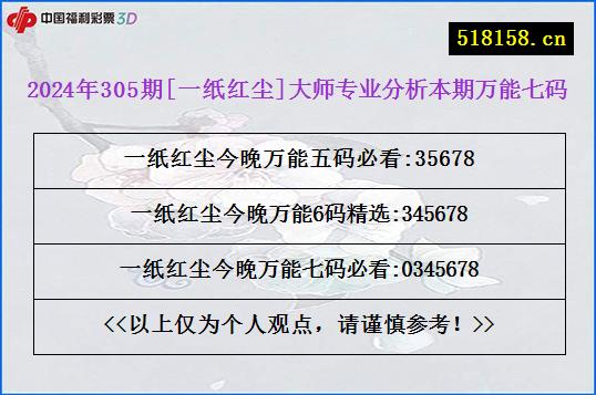 2024年305期[一纸红尘]大师专业分析本期万能七码