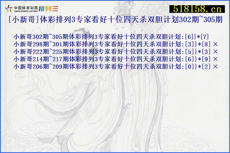 [小新哥]体彩排列3专家看好十位四天杀双胆计划302期~305期